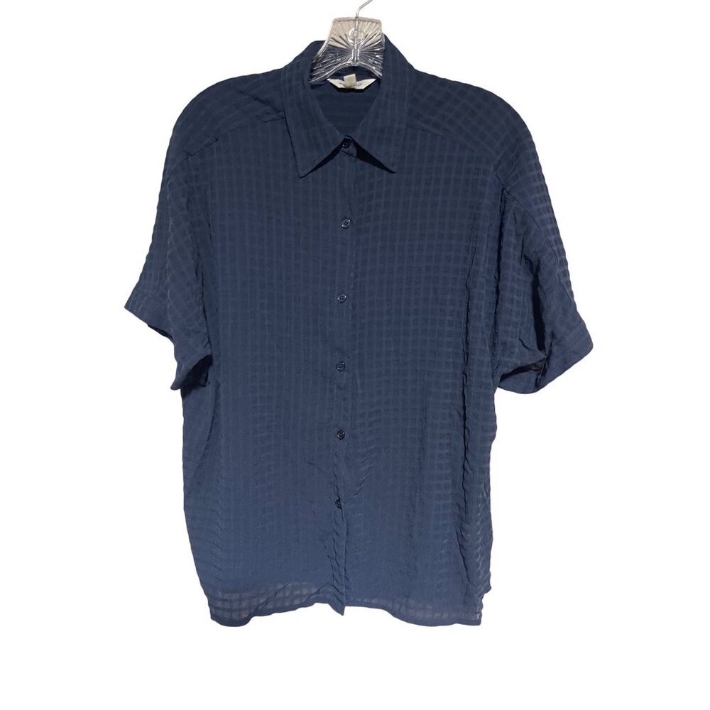 Max Studio Navy Textured Short Sleeve Button Up Shirt Womens M Business Casual